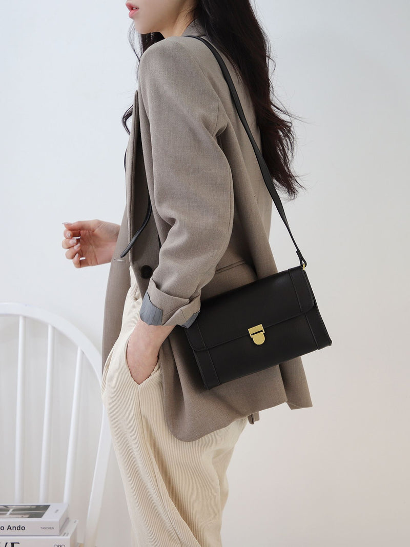 Classic Gold Buckle Leather Square Shoulder Bag